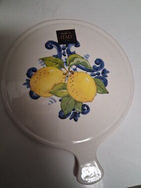 Made in Italy" Hand-Painted Lemon & Blue Scroll Ceramic Serving Board/Plaque